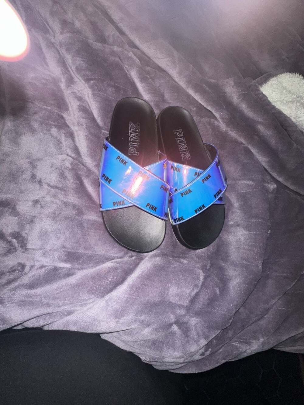 Victoria's Secret Pink Holographic Cross Strap Slides Sandals Blue